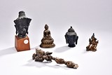 FIVE BRONZE AND WOOD BUDDHIST STATUES AND RITUAL OBJECTS