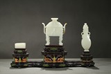 A SET OF WHITE JADE INCENSE VESSELS WITH ZITAN STAND