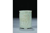 A WHITE JADE 'LANDSCAPE AND POEM' CYLINDRICAL BRUSHPOT