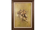 AN OIL ON CANVAS 'HORSE RIDERS' PAINTING