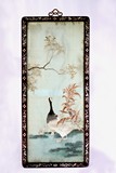 A CHINESE HARDWOOD FRAMED EMBROIDERED 'GEESE' PANEL