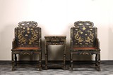 A PAIR OF GILT PAINTED BLACK LACQUER CHAIRS AND STAND