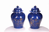 A PAIR OF CHINESE GILT PAINTED BLUE GROUND JARS