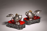 A PAIR OF CHINESE PEWTER 'GOLDFISH' TEAPOTS 