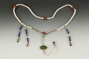 A strand of 108 pearl and gemstone court beads