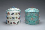 Two (2) Chinese famille-rose tiered boxes