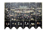 A SET OF SIX APPLIQUE LACQUER FLOOR SCREENS