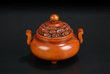 A BOXWOOD CARVED TRIPOD CENSER WITH LID