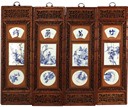 A SET OF FOUR HANGING SCREENS WITH PORCELAIN PLAQUES
