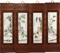 A SET OF FOUR HANGING SCREENS WITH PORCELAIN PLAQUES
