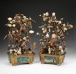 A PAIR OF JADE AND HARDSTONE TREES IN GILT-METAL ENAMEL JARDINIERES