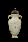 A CARVED JADE BOTTLE VASE WITH ZITAN COVER
