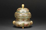 A CLOISONNE ENAMEL AND GLASS TRIPOD CENSER WITH COVER