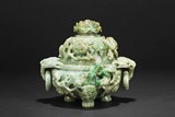 AN IMPORTANT AND RARE JADEITE CARVED TRIPOD CENSER WITH COVER