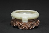 A HETIAN JADE CARVED SMALL TRIPOD WASHER WITH STAND