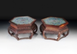 A PAIR OF LARGE CHINESE WOOD STANDS INSET WITH CLOISONNE