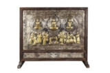 A SILVER AND GOLD GILT BRONZE 'BODHISATTVA AND WORSHIPERS' PLAQUE MOUNTED TABLE SCREEN