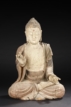 A PAINTED CARVED WOOD FIGURE OF SEATED BUDDHA