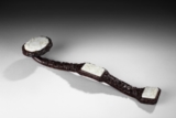 A CARVED HONGMU WOOD RUYI SCEPTER INSET WITH WHITE JADE