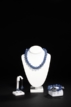 A SET OF BLUE AGATE JEWELRY WITH MOTHER PEARL CLASPS