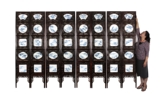 A SET OF EIGHT FLOOR SCREENS INSET WITH BLUE AND WHITE PORCELAIN PLAQUES
