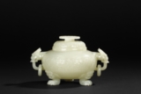 A CARVED WHITE JADE TRIPOD CENSER AND COVER