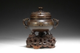 A SILVER AND GOLD INLAID BRONZE CENSER WITH ZITAN STAND