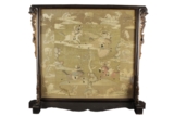 A DOUBLE SIDED GOLD LINING EMBROIDERY PANEL INSET ON HARDWOOD STAND
