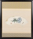 A FRAMED INK AND COLOR ON PAPER FAN LEAF PAINTING