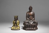 A WOODEN AMITABHA FIGURE & A BRONZE BUDDHA FIGURE