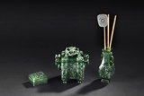 A FINELY CARVED SPINACH JADE INCENSE GARNITURE SET