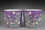 A PAIR OF FAMILLE ROSE PURPLE-GROUND 'FLOWERS' JARS