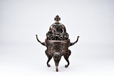 A BRONZE CAST 'ELEPHANT' TRIPOD CENSER AND COVER