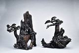 A SET OF TWO WOOD 'FIGURE AND LANDSCAPE' CARVING