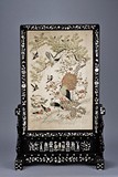 A HARDWOOD INSET MOTHER-OF-PEARL SILK EMBROIDERY TABLE SCREEN