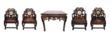 A SET OF FOUR HARDWOOD MARBLE INSET CHAIRS AND SQUARE TABLE