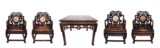 A SET OF FOUR HARDWOOD MARBLE INSET CHAIRS AND SQUARE TABLE