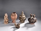 A GROUP OF FIVE EARLY CERAMIC VESSELS AND FIGURES 