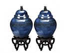 A PAIR OF LARGE BLUE GLAZED JARDINIERES WITH COVER