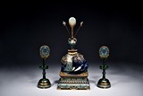 A SET OF LAPIS LAZULI ELEPHANT AND CLOISONNE ENAMEL SPINACH JADE PRICKET CANDLESTICKS