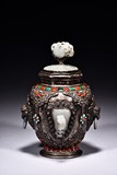 A SILVER WHITE JADE EMBELLISHED AND ENAMELED JAR