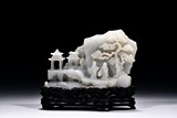 A WHITE JADE 'FIGURES AND PAVILLION' BOULDER