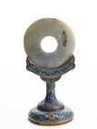 A WHITE JADE DISC AND CLOISONNE ENAMEL STAND 