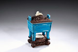 A BLUE-GROUND ARCHAIC CENSER WITH WHITE JADE INLAID COVER AND STAND