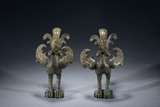 A PAIR OF GOLD AND SILVER INLAID BRONZE PHOENIXES