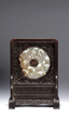A ZITAN CARVED WHITE JADE DISC MOUNTED TABLE SCREEN