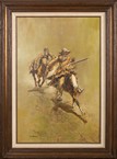 A FRAMED PAINTING OF TWO HORSE RIDERS