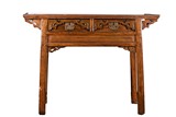 AN ELM WOOD CARVED ALTAR TABLE