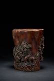 AN AGARWOOD CARVED 'CRANE AND DEER' BRUSHPOT