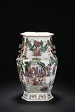 A HEXAGONAL 'LANDSCAPE AND FIGURES' VASE WITH HANDLES